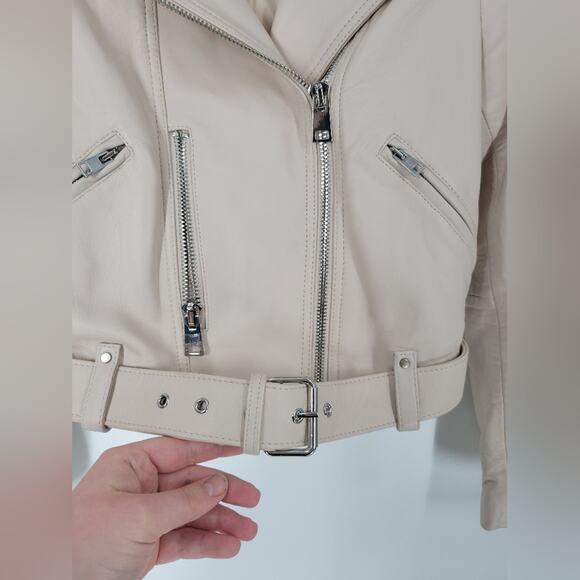 Maje Nude Betsy Cropped Leather Moto Jacket 38 - Picture 5 of 15